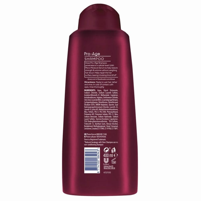 Dove Pro-Age Shampoo and Conditioner is specifically designed to treat the needs of ageing hair, helping to restore fullness and strength. It works by helping to moisturise hair from deep within the strands, giving you the appearance of younger-looking, thicker hair. Suitable for daily use, it instantly detangles wet hair, leaving it easier to manage after every wash. Ageing hair can result in the appearance of brittle, thinning hair in women but with the right shampoo and conditioner, you can get the appearance of stronger hair that looks fuller. Dove Pro-Age Shampoo and Conditioner has been specially formulated to bring back your hair's strength and to give weak hair the appearance of fullness and body. As part of the Dove Nutritive Solutions range, its unique formula contains Micro Moisture Serum which helps moisturise hair from deep within. It restores brittle, dry hair to make it stronger, thicker and fuller-looking. It's also gentle enough to use as part of your daily hair care routine - great if you want to know how to get thicker hair.