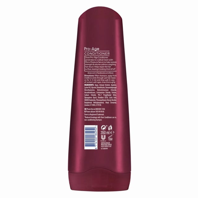 Dove Pro-Age Shampoo and Conditioner is specifically designed to treat the needs of ageing hair, helping to restore fullness and strength. It works by helping to moisturise hair from deep within the strands, giving you the appearance of younger-looking, thicker hair. Suitable for daily use, it instantly detangles wet hair, leaving it easier to manage after every wash. Ageing hair can result in the appearance of brittle, thinning hair in women but with the right shampoo and conditioner, you can get the appearance of stronger hair that looks fuller. Dove Pro-Age Shampoo and Conditioner has been specially formulated to bring back your hair's strength and to give weak hair the appearance of fullness and body. As part of the Dove Nutritive Solutions range, its unique formula contains Micro Moisture Serum which helps moisturise hair from deep within. It restores brittle, dry hair to make it stronger, thicker and fuller-looking. It's also gentle enough to use as part of your daily hair care routine - great if you want to know how to get thicker hair.