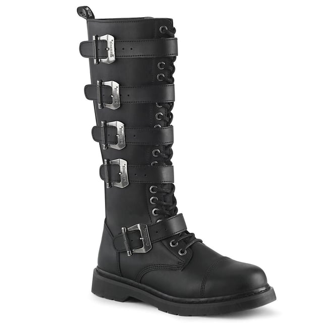 These black Demonia Bolt 425 combat boots will turn heads wherever you go. These knee combat boots have a black vegan leather top and five big metal buckles for a more gothic vibe. An extra full-length inner metallic zip and 20 eyelets make finding your perfect fit a breeze, and the 1.25" thick gum rubber sole is robust and durable for all-day wear. Don't follow the trend, make your own with these Demonia Bolt 425 black knee-high combat boots.