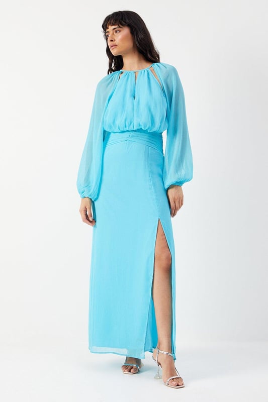 Chiffon Cut Out Detail Volume Sleeve Maxi Dress