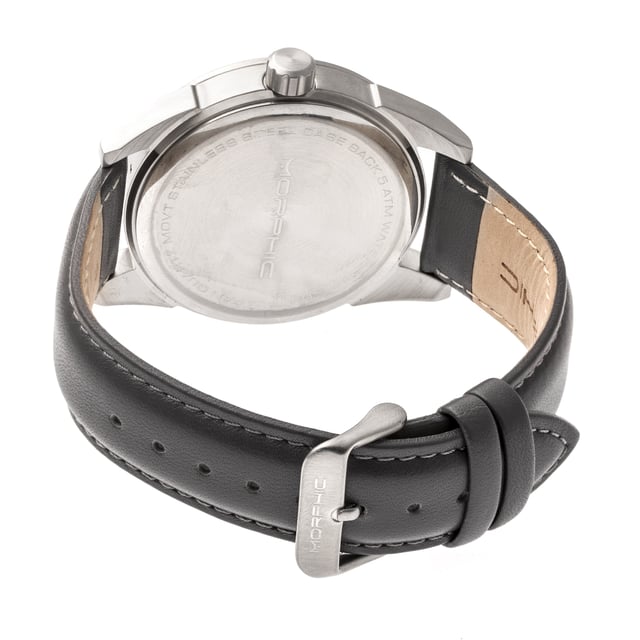 316L Surgical-Quality Stainless Steel Case, Precision Japanese Quartz Movement, Non-Glare Scratch-Resistant Mineral Crystal, Genuine Padded Leather Strap, Logo-Engraved Stainless Steel Clasp, Date Indicator, 44mm Case Diameter, 5ATM Water Resistance.