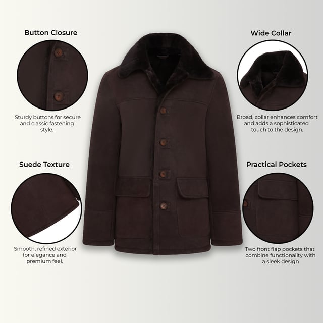 Bleiben Sie warm und stilvoll mit unserem dunkelbraunen Lammfellmantel für Herren. Dieser fachmännisch aus 100 % echtem Schaffell gefertigte Mantel verfügt über ein reichhaltiges Wildlederfinish gepaart mit einer plüschigen Lammfell-Innenseite für unvergleichliche Wärme und Eleganz. 100 % echtes Schaffell für lang anhaltenden Komfort und Qualität Weiches Wildlederfinish in dunkelbraunem Ton für einen zeitlosen Reiz Klassischer Knopfverschluss vorne für eine sichere und elegante Passform Reverskragen mit Lammfellbesatz für zusätzlichen Luxus und Wärme Zwei praktische aufgesetzte Taschen für Funktionalität und Stil Perfekt für den Alltag und formelle Anlässe bei kälterem Wetter Dieses vielseitige Stück ist ein Muss für Ihre Wintergarderobe und verbindet Funktionalität mit raffinierter Ästhetik.