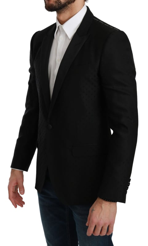 Color: Black polka dotted pattern
  Model: Single breasted one piece formal jacket blazer coat
  Material: 50% Virgin Wool 50% Rayon
  Inner Lining: 100% Silk
  Fit: Slim Fit
  One front button closure
  Three front pockets
  Three inside pockets
  Logo details
  Made in Italy
Material: 50% Virgin Wool 50% Rayon