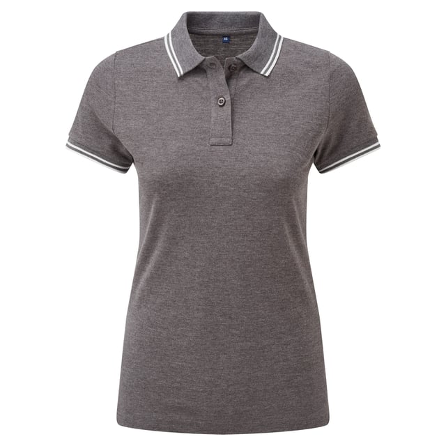 Fitted polo for women with tipped contrast detail to the collar and cuffs. Features two contrast coloured buttons on placket and a contrast colour on side vents. Also includes twin-needle stitching on hem and a ribbed knit collar and sleeve cuffs. Sizes: XS (8 UK), S (10 UK), M (12 UK), L (14 UK), XL (16 UK), XXL (18 UK). Materials: 100% ringspun combed cotton, Other materials: (Charcoal) 60% cotton, 40% polyester, (Heather Grey) 85% cotton, 15% viscose.