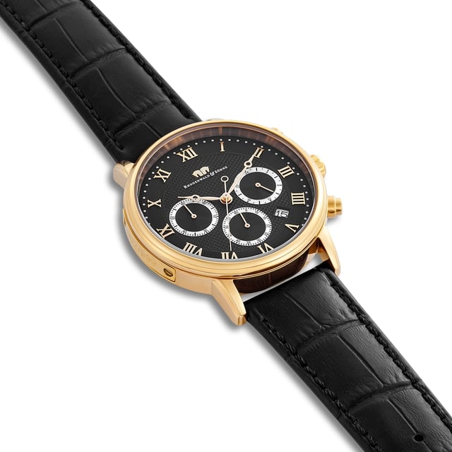 GENERAL INFORMATION:  • Targetgroup: Male  • Wristwatch: Chronograph  • Display: analogue  • Weight of watch w/o box (gr.) - approx.: 54,0  • model series: Moonlight  MOVEMENT:  • Movement: Quartz  • Term of Movement: VD53  • Origin of movement: Japan  BRACELET:  • Material of bracelet/strap: Genuine leather  • Plating of bracelet/strap: None  • Finishing of bracelet/strap: Embossed  • Finishing/Decoration of bracelet/strap: Seam  • Clasp/Closure/Buckle: Buckle  • Color of bracelet/strap: Black  • Length of bracelet/strap (mm) approx.: 215,0  • Width of bracelet/strap (mm) approx.: 20,2  • Style/Design of bracelet/strap: Crocodile (embossed)  • Bracelet/strap adjustable?: No  CASE:  • Shape of case: Round  • Size/Diameter of case in mm . approx.: 40,0  • Height of case in mm: 10,1  • Case material: Stainless steel  • Surface of case: Polished  • Bezel/Topring: Fixed  • Finishing/Decoration of case: None  • Material of case back: Stainless steel  • Lock of case back: Pressed  • Color of case: Yellowgold  • Coating/Plating (Case): Ion-Plating (IP)  • Type/Form of crystal: Flat  • Material of crystal: Mineral crystal  • Water resistant (ATM): 5  DIAL:  • Size jewelry care cloth: Hour/minute/second/date/stopwatch/24 hou  • Indices: Roman indicies  • Material of dial: Brass  • Structure/pattern of dial: Structured  • Color of dial: Black  PUSHER, CROWN, HAND:  • Pusher: No screwed-in crown  • Corrector: Yes  • Crown: No screwed-in crown  • Type of hands: Breguet hand  • Luminescent (hands): No  PACKAGING & SCOPE OF DELIVERY:  • Box: Yes  • Service booklet: Yes  • Manual: Yes
