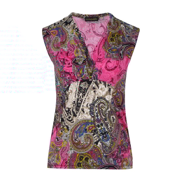 This fuchsia summer top is crafted in print stretch jersey fabric. It has short sleeves and a V neckline with knot detail at the bust. Underneath, a 5cm panel finishes diagonally at the side seams.  The garment is styled with a relaxed fit.