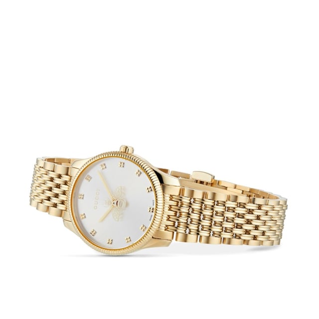 MANUFACTURER PRODUCT NUMBER YA1265021CATEGORY WatchesBRAND GUCCIWATCH MARKERS DotsWATER RESISTANT 50 MetresGender WomenMOVEMENT QuartzCASE MATERIAL Stainless Steel & PVD Yellow GoldDIAL COLOUR SilverSTRAP MATERIAL Stainless Steel & PVD Yellow GoldDIAMETER 29mmBRAND COLLECTIONS G-Timeless