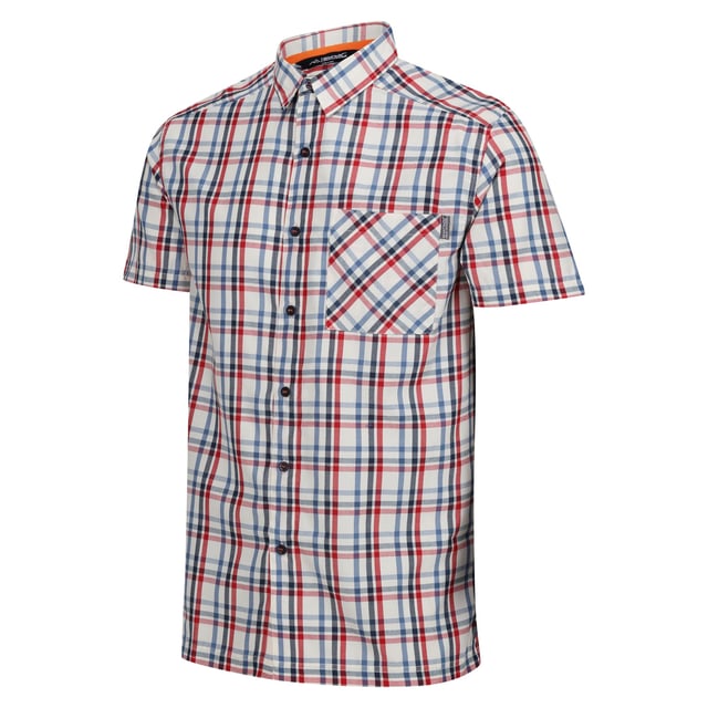90% Polyester, 10% Viscose. Design: Logo, Patterned. Pockets: 1 Chest Pocket. Fastening: Button. Sleeve-Type: Short-Sleeved. Neckline: Turn Down Collar. Fabric Technology: Durable, Moisture Wicking, Quick Dry. Sun Rating: UPF 30+. S: 38 in. M: 40 in. L: 42 in. XL: 44 in. XXL: 48 in. 3XL: 51 in. 4XL: 54 in. 5XL: 57 in.