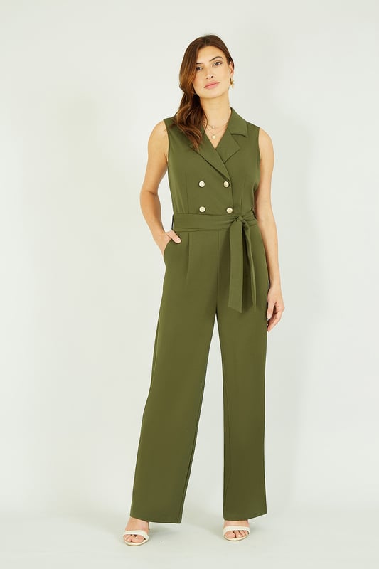 Mela Khaki Military Button Jumpsuit With Pockets