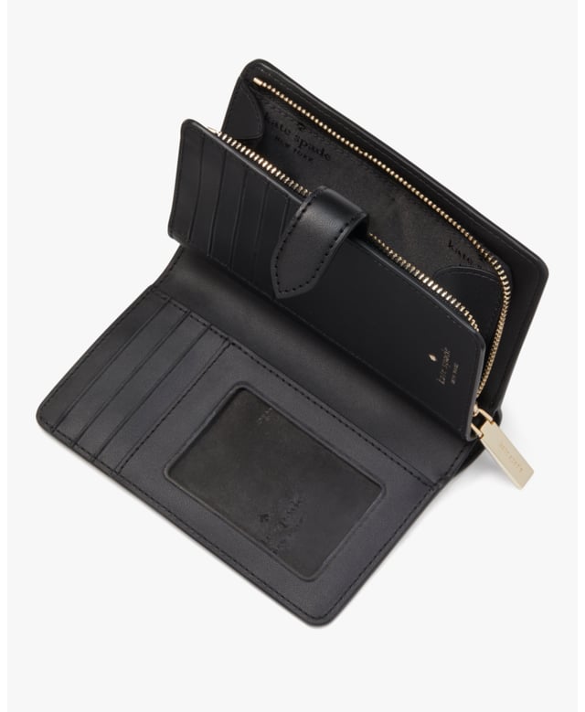 Spade Flower Spade Flower Pvc Medium Compact Bifold Wallet, Metal Pinmount With Spade Logo, 9 Credit Card Slots, Id Window, 2 Slip Pockets, 1 Bill Slot, L-Zip Coin Compartment,  Length: 13.90 Cm,  Width: 9.00 Cm,  Height: 14.00 Cm