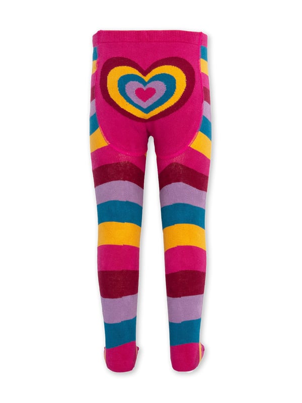 90% organic cotton 8% polyamide 2% elastane | Proud to be certified by Control Union to the Global Organic Textile Standard (GOTS) | Rainbow heart seat design up to size 2-4y (no seat design from size 4-6y +) | Rainbow knitted stripe on legs | Pink ribbed waistband | Made in Turkey | Machine washable at 40 degrees, or at 30 degrees to be kinder to the planet