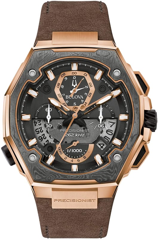 This Bulova Precisionist X Special Edition Chronograph Watch for Men is the perfect timepiece to wear or to gift. It's Rose Gold 44 mm Round case combined with the comfortable Brown Leather watch band will ensure you enjoy this stunning timepiece without any compromise. Operated by a high quality Quartz movement and water resistant to 3 bars, your watch will keep ticking. This Precisionist X Special Edition is a celebration of unparalleled accuracy. The special edition timepiece features a distinctive rose gold-tone stainless steel case with a gray Damascus steel top ring insert. The black dial features a calendar window and a view into the proprietary Precisionist eight-hand chronograph high-performance quartz movement. -The watch has a Calendar function: Date, Stop Watch, Luminous Hands, Luminous Numbers High quality 21 cm length and 44 mm width Brown Leather strap with a Deployment clasp Case diameter: 44 mm,case thickness: 18 mm, case colour: Rose Gold and dial colour: Black