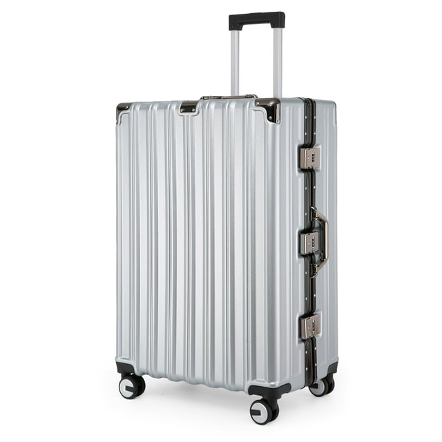 Entdecken Sie die perfekte Kombination aus Eleganz, Haltbarkeit und Komfort mit unseren robusten silbernen Hartschalenkoffern. Dieses Gepäckset mit atemberaubendem Finish ist für den modernen Reisenden gemacht und bietet Stärke und Eleganz für alle Ihre Reisen. Eigenschaften: Hochwertige Polycarbonatschale: Leicht und dennoch robust, bietet außergewöhnlichen Schutz vor Verschleiß. Verstärkter Aluminiumrahmen: Sorgt für Haltbarkeit und strukturelle Integrität und gewährleistet lang anhaltende Leistung. Zwei integrierte Schlösser: Sichern Sie Ihre Sachen mit zwei integrierten Kombinationsschlössern für mehr Sicherheit. 8 leichtgängige Doppelrollen: Bietet mühelose 360°-Manövrierfähigkeit, sodass die Navigation durch Flughäfen und belebte Straßen ein Kinderspiel wird. Ergonomischer Teleskopgriff: Entwickelt für bequeme Handhabung und Benutzerfreundlichkeit. Stilvolles Interieur: Vollständig gefüttert mit elastischen Riemen, Reißverschlussfächern und Netzteilern für geordnetes Packen. Verfügbare Größen und Spezifikationen: Kabine: Maße: 36 x 24 x 56 cm Gewicht: 2,70 kg Fassungsvermögen: 42 l Mittel: Maße: 43 x 28 x 65,5 cm Gewicht: 4,00 kg Fassungsvermögen: 70 l Groß: Maße: 51 x 32 x 76 cm Gewicht: 5,00 kg Fassungsvermögen: 110 l Das zeitlose Design sorgt für Eleganz und sorgt dafür, dass Ihr Gepäck leicht zu erkennen ist. Ob Sie mit leichtem Gepäck in der Kabinengröße reisen oder für eine lange Reise mit den mittleren und großen Koffern packen, dieses Set ist auf alle Ihre Reiseanforderungen zugeschnitten. – Hinweis: Bitte wählen Sie die gewünschte Größe. Größen werden einzeln und nicht in Sets verkauft.