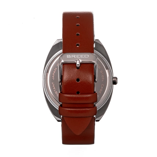 Matte Alloy Case; Japanese Seiko PC21S Quartz Movement; Non-Glare Scratch-Resistant Mineral Crystal; Logo-Engraved Stainless Steel Caseback; Genuine Leather Strap; Logo-Engraved Stainless Steel Clasp; Luminous Hands; 43mm Diameter; 5 ATM Water Resistance;