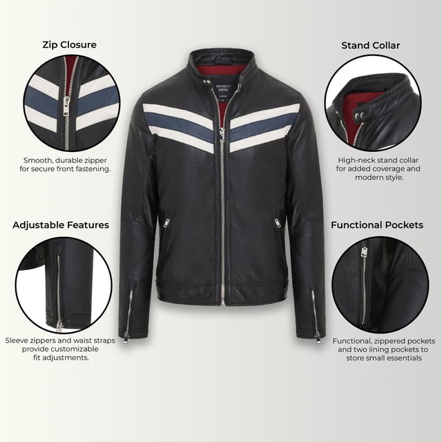 This men's café racer biker jacket, crafted from luxurious lamb soft nappa leather, is the perfect blend of retro style and modern functionality. It features bold white and navy blue stripes for a striking look, paired with durable craftsmanship for lasting wear. Designed for convenience and practicality, the jacket includes two external zipped pockets, two inner pockets, a secure collar button, and a smooth front zip closure. Whether for casual outings or motorcycle adventures, this jacket is a timeless essential for your wardrobe.

Made from premium lamb soft nappa leather for durability and comfort.
Bold white and navy blue stripes add a vintage-inspired flair.
Two external zipped pockets and two inner pockets for ample storage.
Stand collar with button closure for a secure, stylish fit.
Durable front zip closure for easy wear.
Perfect for casual wear or motorcycle enthusiasts.