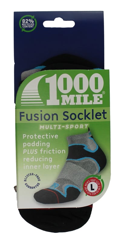1000 Mile Men's Fusion Socklet RepreveIntroducing the game-changing 1000 Mile Fusion Socklet. Defying conventional wisdom, this innovative sock revolutionizes comfort and protection. Unlike traditional options, it combines the best of both worlds: the blister-free guarantee of the 1000 Mile double layer sock and the added benefit of padded comfort.Crafted with cutting-edge design and material technology, including the latest REPREVE® recycled yarns, this sock offers unrivaled performance. It features Achilles tendon padding for enhanced protection and an optimal fit. The trainer liner length profile ensures a sleek "no sock" appearance, perfect for those seeking a minimalist look.Experience the fusion of ultimate comfort and superior protection with the 1000 Mile Fusion Socklet. Break free from old limitations and step into a new era of sock innovation.Extra Product DetailsGame-changing sock revolutionizes comfort and protection.Combines blister-free guarantee with padded comfort.Crafted with cutting-edge design and material technology.Features Achilles tendon padding for enhanced protection.Optimal fit and sleek "no sock" appearance.Unrivaled performance with REPREVE® recycled yarns.Experience ultimate comfort and superior protection.Break free from old limitations with innovative sock innovation.