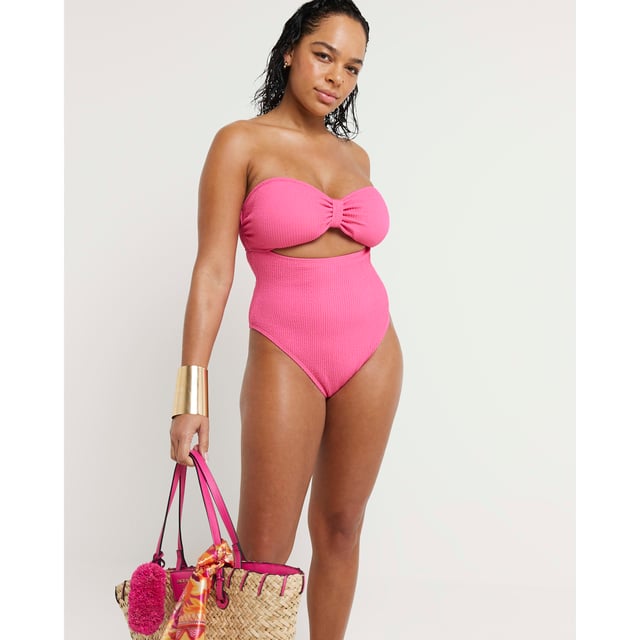 Fuller bust, Bandeau neck, Detachable neck strap, Textured fabric, Cut out detail, Tie fastening