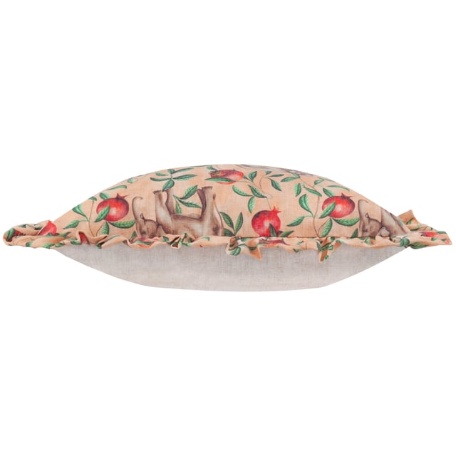 Elevate your interior décor with the Okara Elephant Printed Ruffle Cushion, a statement piece that combines artistry with elegance. Featuring a hand-painted design of elephants and pomegranates, expertly printed onto a linen-blend fabric, this cushion brings the beauty of the natural world into your home. Its textured finish and subtle the harmony of gentle hues complemented by striking accents creates a vibrant aesthetic. Framed by a ruffle trim, it offers a touch of relaxed charm that complements a variety of modern interiors. Perfect for those who value unique prints and quality craftsmanship, this cushion adds effortless style to any space.