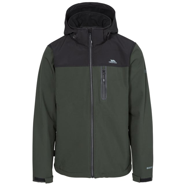 Softshell Verstelbare afristbare capuchon 3 zakken met rits Platte manchet met tab Kin bescherming Trekkoord bij de zoom Waterdicht 8000 mm, ademend mvp, winddicht 94% polyester, 6% elastaan, TPU-membraan Borstomvang Trespass heren (ongeveer): S - 89-94cm, M - 96.5-101.5cm, L - 104-109cm, XL - 111.5-117cm, XXL - 117-122cm, 3XL - 122-127cm.