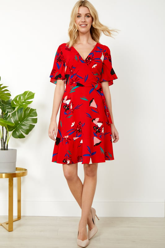 Red Floral Print Wrap Dress
