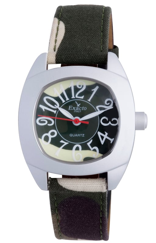 Haurex Italy Womens Exacto Green Watch (Green). This Haurex Italy Exacto Watch is beautiful camouflaged dial and strap. Age: Adult Strap Color: Green Type: Analog Product Features: Second Timekeeping Case Shape: Round Material: Metal Case Thickness: 12mm Strap Width: 15mm Strap Movement: Quartz Strap Length: 7.5 Inch Dial Color: Green Case Diameter: 31mm Crown: Push-pull Gender: Female Closure Type: Buckle Dial Window Material: Mineral.