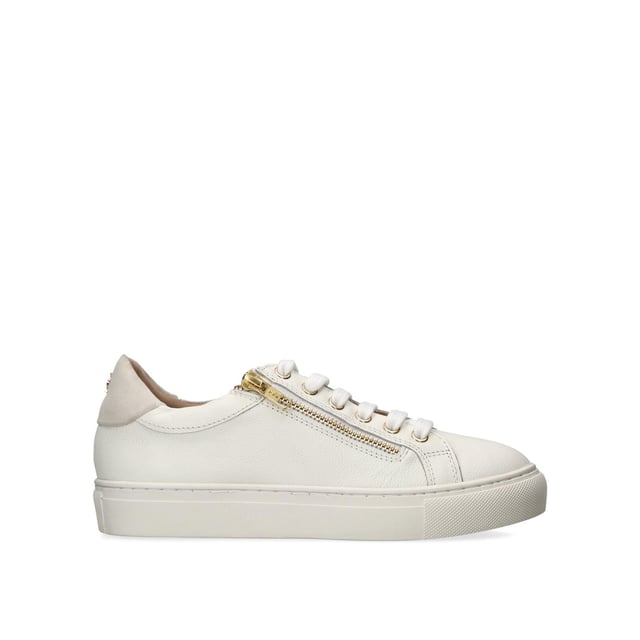 KGL Dulwich Zip from Kurt Geiger London is a low top, lace up trainer with a white upper featuring a gold zip.