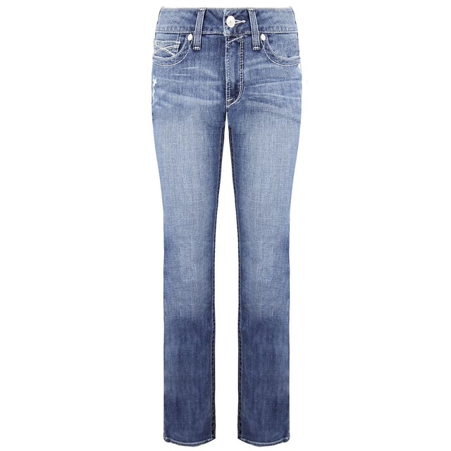 Rider tested and thoughtfully engineered, this mid rise, slim fitting jean features a stackable straight leg and performance stretch denim for added comfort that holds its shape and flatters yours. 
Straight through waist
Mid rise
Stackable straight leg
9.75 oz performance stretch denim
Medium wash with embroidery on back pocket
Waistband that won't gap
A seat that won't sag