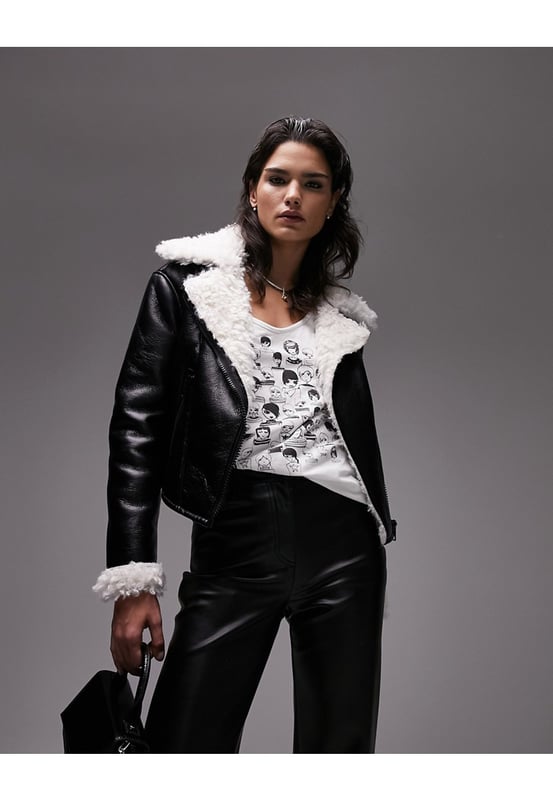 Topshop cropped faux shearling aviator jacket with shaggy fur