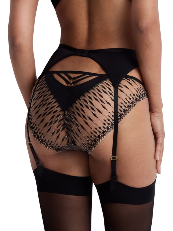Aubade Voodoo Kiss Suspender Belt. Suspender belt with gold lurex threads, adjustable suspender straps and embroidered sheer stretch clean cut mesh. Matching briefs available. This item is recommended for hand wash only.