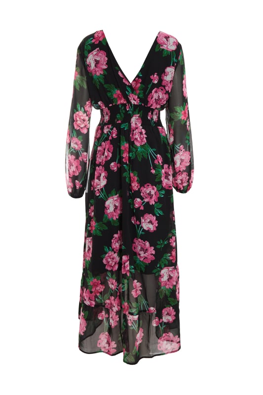 Black Floral Chiffon Midi Dress