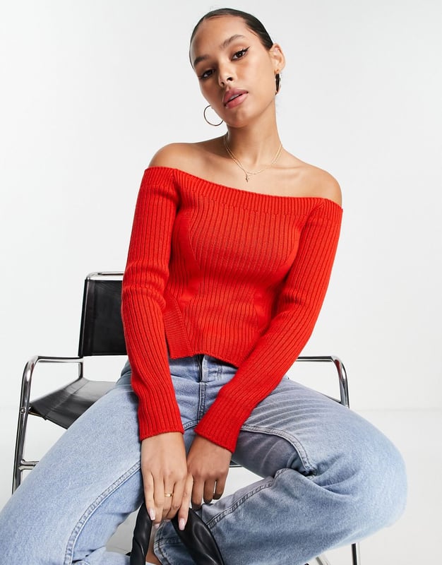 ASOS DESIGN off shoulder jumper with shaped hem in red