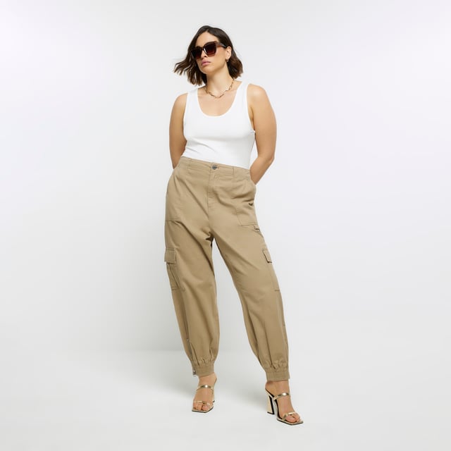 River Island Womens Cargo Trousers Plus Beige Zip