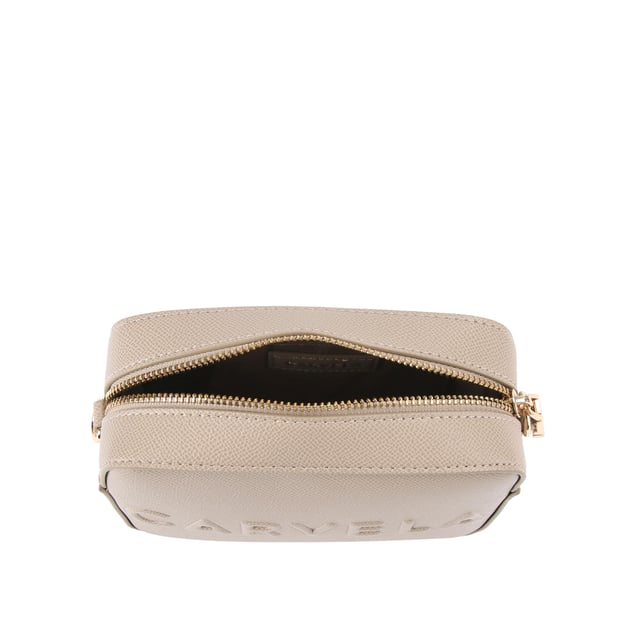 The Carvela Mini Frame Cross Body bag features a taupe textured exterior with embossed branding on the front. The bag is fastened with gone tone Icon C zipper. Dimensions: 12cm (H), 17cm (W), 6.5cm (D). Strap length: 126cm. Woven strap length: 119cm.