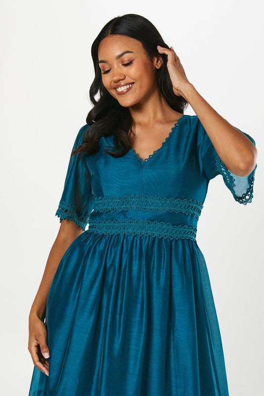 Lace Trim Organza Midi Dress