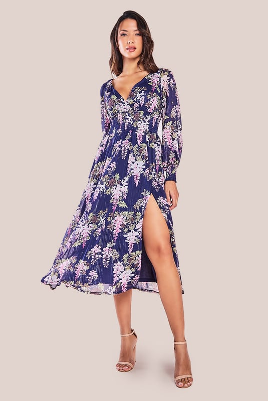 Printed Lurex Chiffon Long Sleeve Midi Dress Printed Lurex Chiffon Long Sleeve Midi Dress