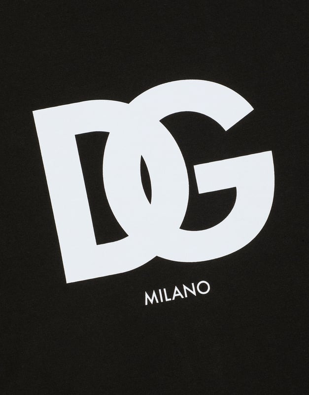 Black/white cotton DG logo-print T-shirt from DOLCE & GABBANA featuring logo print at the chest, round neck, short sleeves and straight hem.
