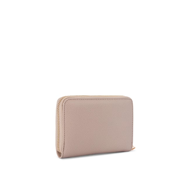 This Carvela Frame Mini Purse is crafted in a taupe textured leather alternative with embossed branding on the front. There is a gold zipper to close the purse. Dimensions: 9cm (H), 12cm (L), 2cm (D).