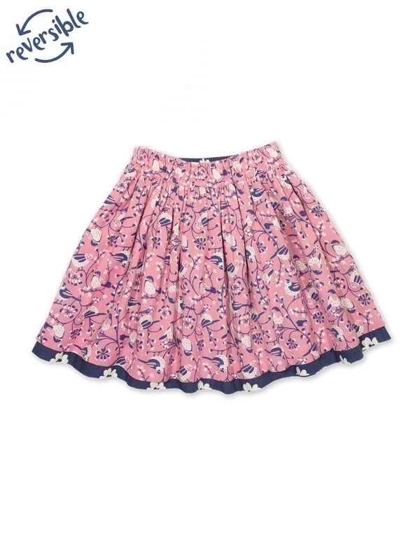 100% organic cotton | Proud to be certified by Control Union to the Global Organic Textile Standard (GOTS) | Fab flower all-over print on one side (corduroy) | Garden birds all-over print on reverse (twill) | Fully reversible | Full skirt designed for twirling | Elasticated waistband | Made in India | Machine washable at 40 degrees, or at 30 degrees to be kinder to the planet