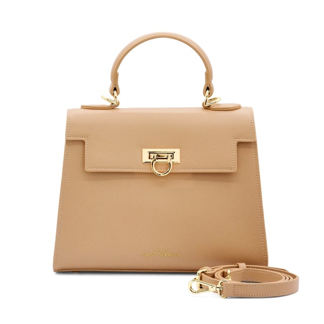 Handtasche CANNES - Mittleres Fach mit Seitenfach - Innenfach mit Reißverschluss - Wildlederfutter - Goldene Schnallenschließe - Verstellbarer und abnehmbarer Schulterriemen verfügbar - Logoté ATELIERS SAINT GERMAIN - Genarbtes Leder-Finish
