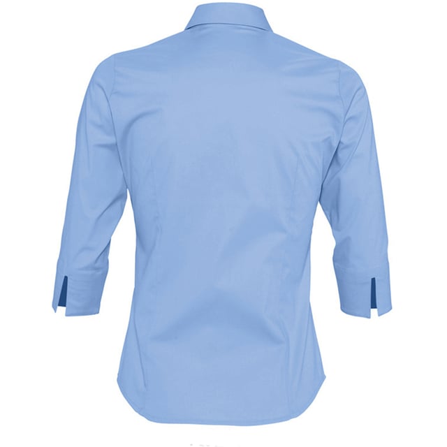 Stretch fabric. Stiffened collar. Self colour buttons. Slitted cuffs. Front and back darts. Curved hem. Fabric weight: 140 gsm. Material: 97% cotton/3% elastane. Ladies size: XS(6/8), S(8/10), M(10/12), L(12/14), XL(14/16), XXL(16/18).