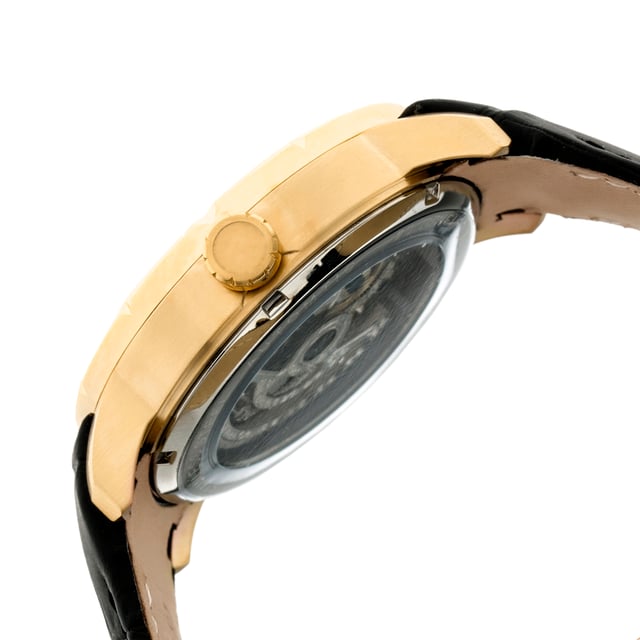 316L Surgical-Quality Stainless Steel Case; Jeweled Automatic Movement; Jewel Bearings: 22 Jewels; 40-Hour Power Reserve; Beats per Hour (BPH): 21600/Hour; Sapphire-Coated Mineral Crystal; Skeleton Dial; Observation Caseback to view Movement; Logo-Engraved Stainless Steel Crown; Genuine Leather Crocodile-Embossed Strap; Logo-Engraved Stainless Steel Clasp; Super-Luminova Hands; 44mm Diameter; 5 ATM Water Resistance;