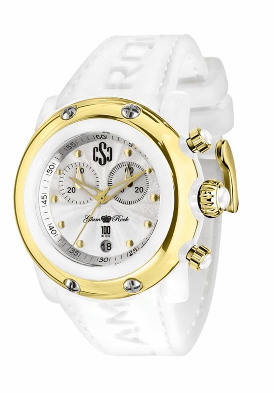 Glam Rock GR62108 - Damenuhr Quarz aus Polycarbonat• Material: Polycarbonat• Glas: Saphir• Armband: Silikon• Farbe: Weiß Gold• Wasserbeständigkeit: 100 m (10 ATM)• Gehäusegröße: 46 mm