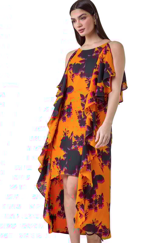Floral Chiffon Ruffle Detail Midi Dress from Roman. Elevate your Summer wardrobe with this striking ruffle detail midi dress from the Ariella range. Featuring a elegant, cascading waterfall frill detail, this dress has a striking hi-low silhouette to add a touch of drama to your occasionwear. This sleeveless dress with a concealed back zip fastening is crafted from floral printed woven fabric and is fully lined for maximum comfort. The metal trim on the shoulder straps provides a sophisticated edge. Whether you're attending a wedding or a formal dinner, style it with strappy heels and a clutch bag for event-ready glamour!