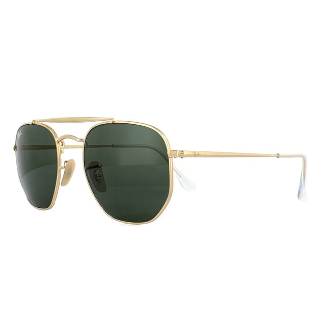 Las gafas de sol Ray-Ban Marshal 3648 1 Gold Green G-15 son una versión única del estilo Aviator con monturas hexagonales redondeadas que aportan nuevos ángulos y un look de moda contemporáneo. El doble puente añade más encanto y estilo y las patillas planas rematan la montura a la perfección.