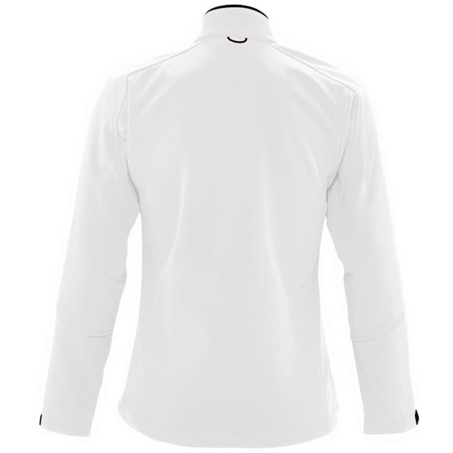 Stretch soft shell fabric has an elastane outer membrane with polyester fleece backing. Mesh lined front body panels. Breathable, windproof and water resistant. Shaped fit with taped neck. Collar high full zip with inner storm flap and chin guard. Two front zip pockets and one right chest zip pocket. Tear release adjustable cuffs. Adjustable drawcord at hem. Drop tail. Access for decoration. Material: 96% polyester/ 4% elastane outer. Ladies size: S(8/10), M(12), L(14), XL(16), XXL(18).