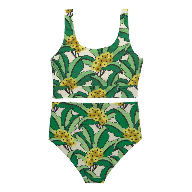 85% Polyester, 15% Elastane. Fabric: Stretch. Design: All-Over Print, Plain Reverse, Tropical. 200gsm. Fastening: Pull-On. Neckline: Scoop. Back Style: Scooped Back. Waistline: Elasticated, High Rise. Contents: 1 Bikini Bottoms, 1 Bikini Top. Sustainability: Made from Recycled Materials.