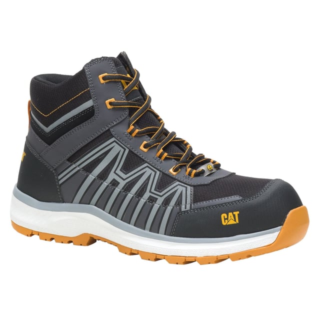 Caterpillar Charge PU/Mesh/TPU Black/Orange Hiking Boots The Charge S3 is a non-metallic safety hiker with a composite toe and an SRC rated slip resistant rubber outsole.