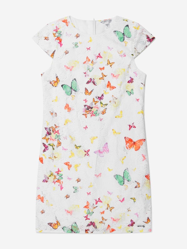 Add some party-ready pieces to her wardrobe with this girls white butterfly dress from Guess. Designed in a shift dress shape, it has a pretty lace outer layer and delicate cap sleeves. Featuring an all-over butterfly print. With back zip fastening.