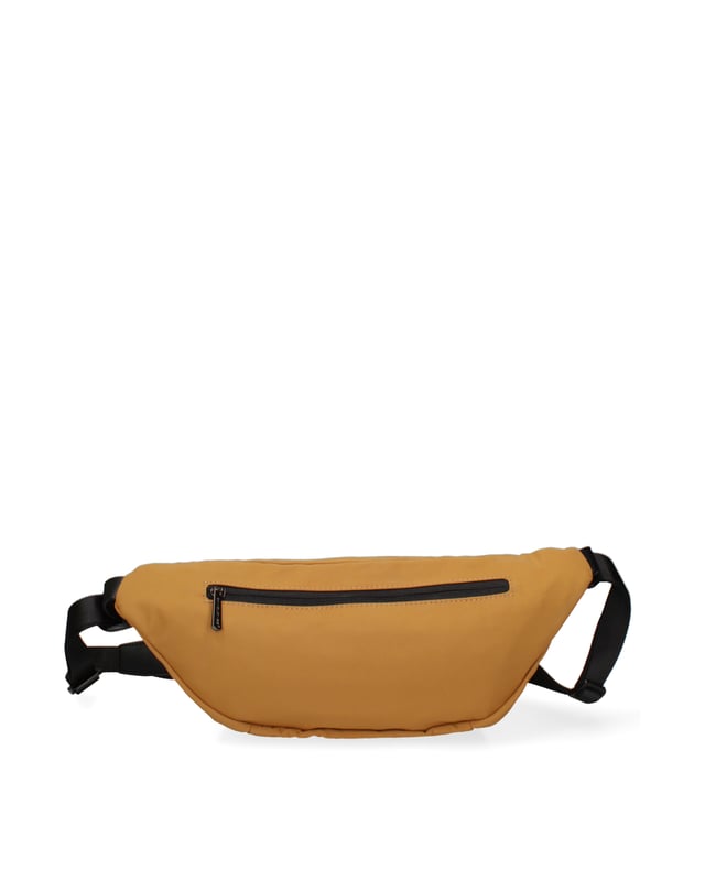 Riñonera unisex. El cierre es con cremallera. Los bolsillos internos son uno con cremallera y otro abierto. Los bolsillos externos son uno en la espalda con cremallera. La bandolera es ajustable en tela. Falta el mango. Hay un compartimento interno. El material exterior es nailon y ecopiel. Internamente está forrado en poliéster. Medidas: 21x18x8 cm. Producto de moda