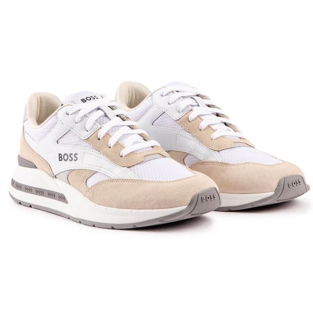 Boss Kurt Runn Trainers Luxe Up Your Sporty Look With The Kurt Runn Men's Trainers From Boss. Boasting A Striking Mixed Material Upper Featuring Invisible Eyelets, Branded, Accented Heel Panel And Retro-inspired Design. The Running-style Sports Shoe Is Finished With A Cushioned Footbed And A Chunky Durable Rubber Outsole.